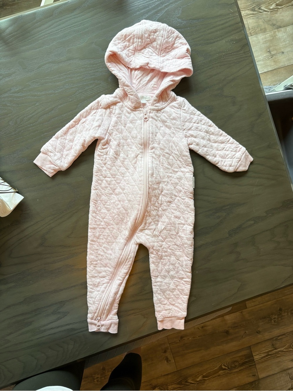 Quilted Hooded Baby Footie in Pale Pink